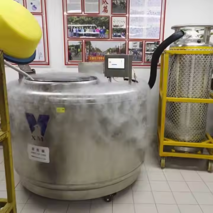 使用液氮罐凍存，外部結霜